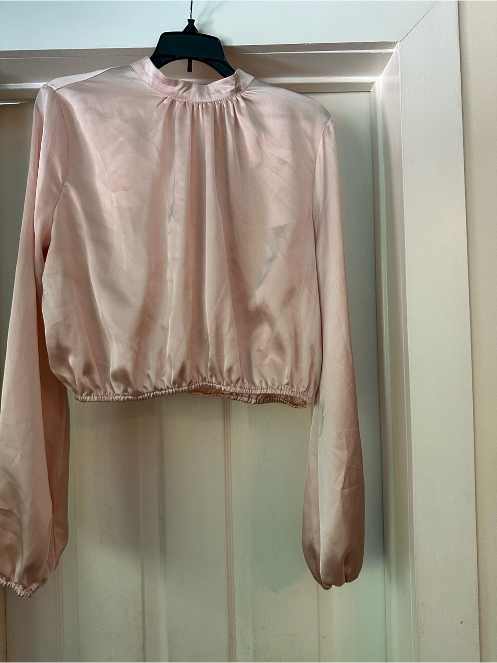 Cropped Satin Long-Sleeve Blouse in Blush Pink